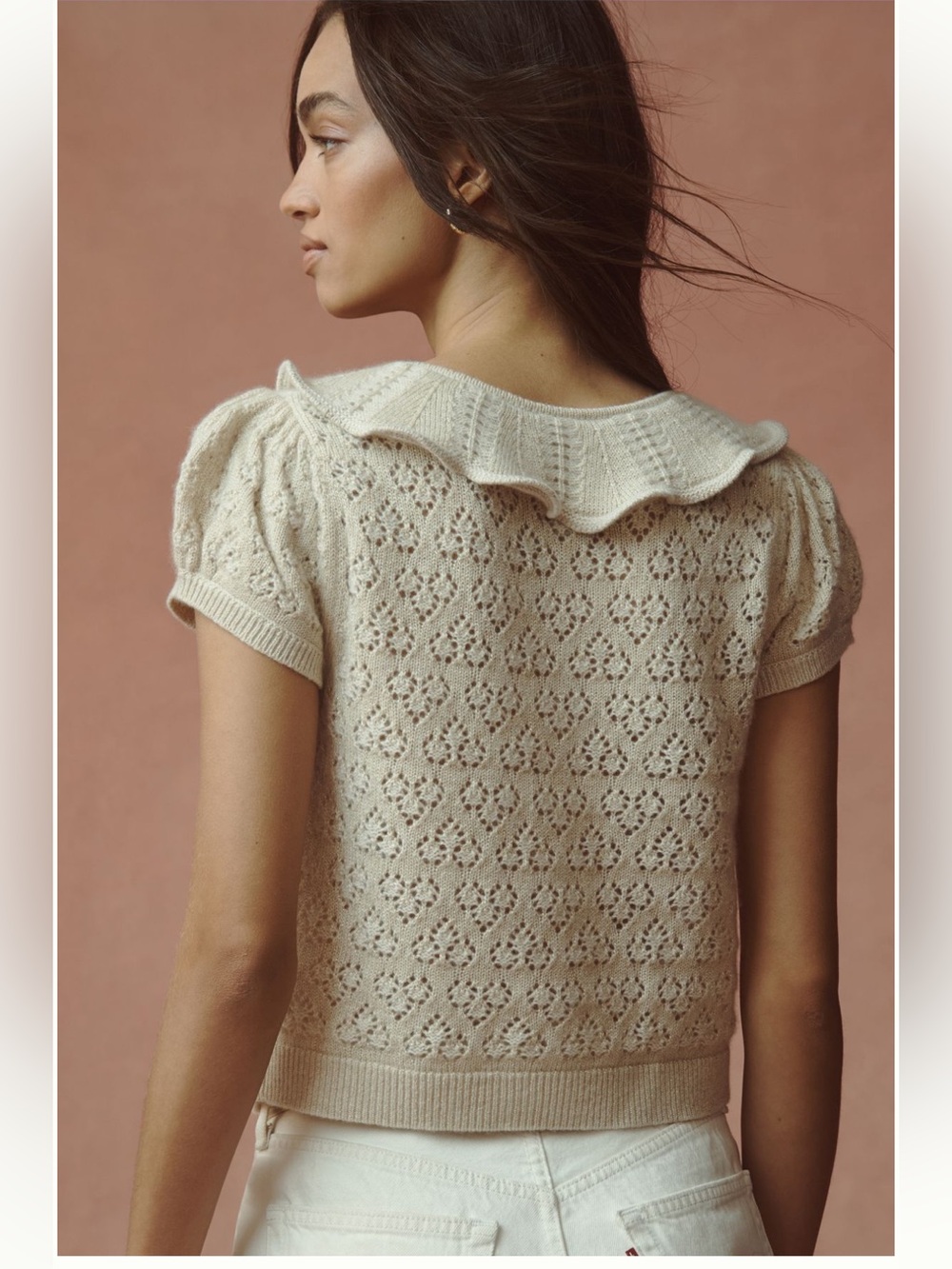 Anthropologie Maeve Short-Sleeve Scallop-Collar Pointelle
Cashmere Cardigan - Picture 3 of 8